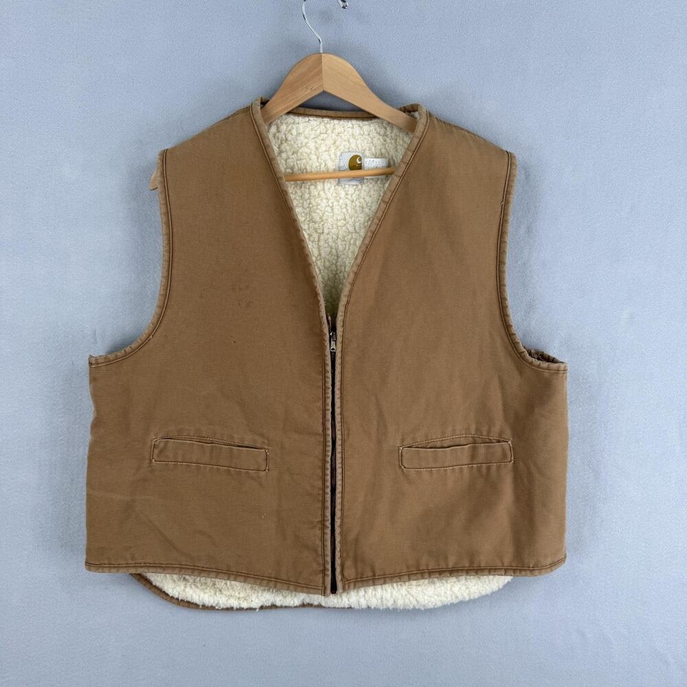 Vintage Carhartt Vest Mens 2XL Brown Canvas Sherpa Lined Zip Up Workwear USA 6SV
